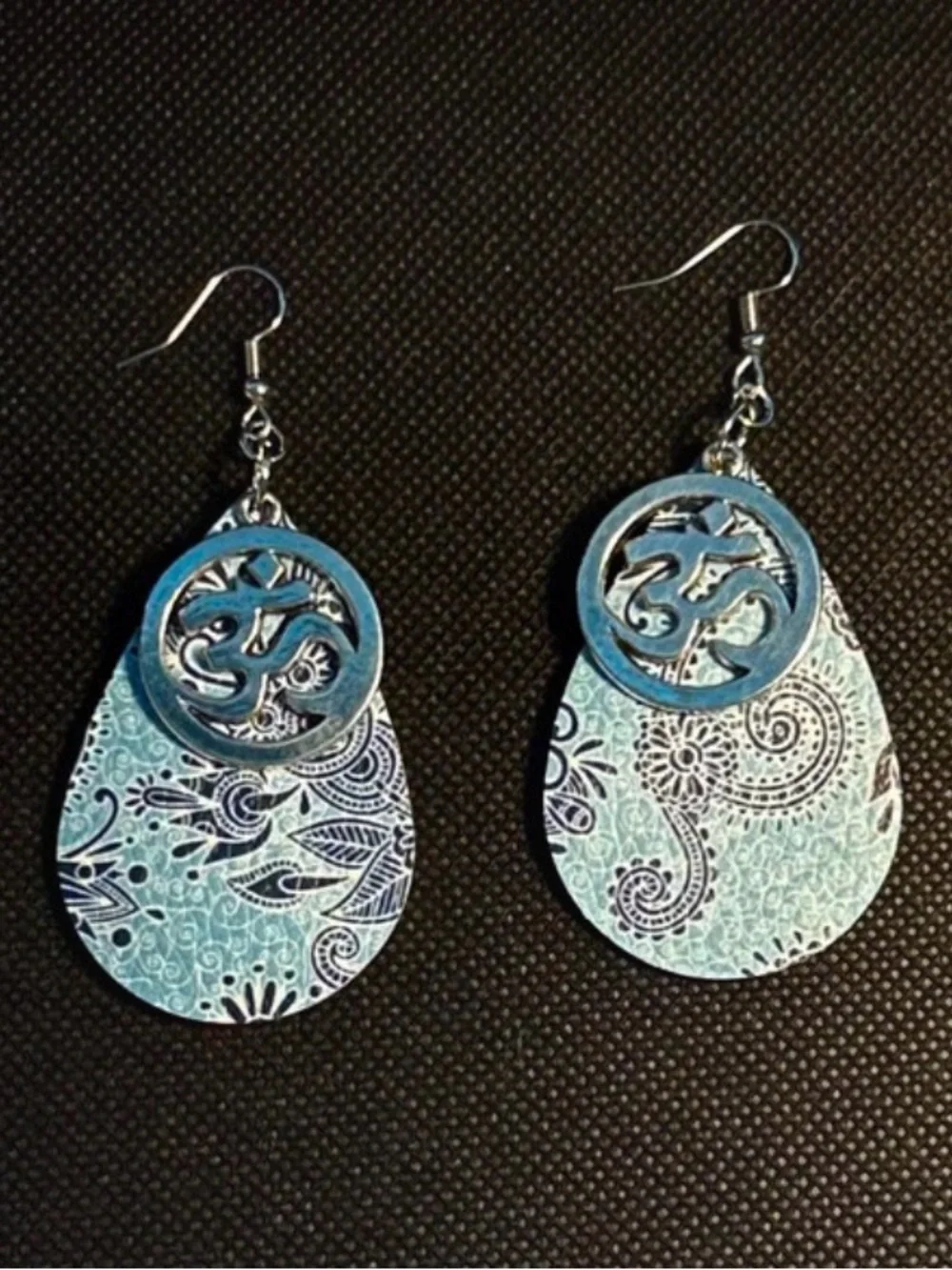 Silver serenity Om dangle Teardrop Earrings with Light Blue Pattern - Picture 2 of 4
